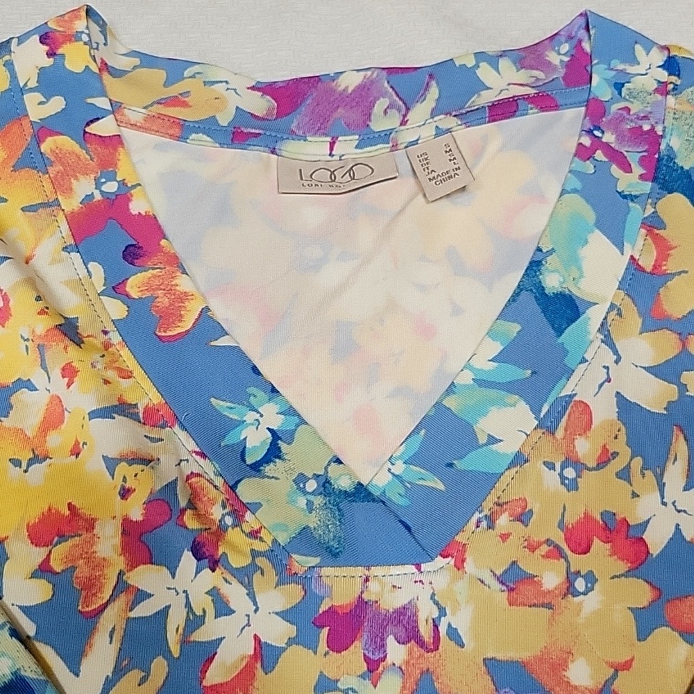 LOGO Lori Goldstein QVC Blue Orange Purple Floral Top Small - Picture 6 of 11